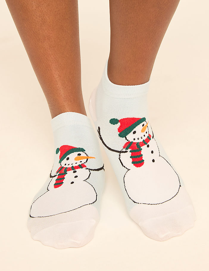Light blue ankle socks with snowman designs are worn on a person's feet against a plain, light background.