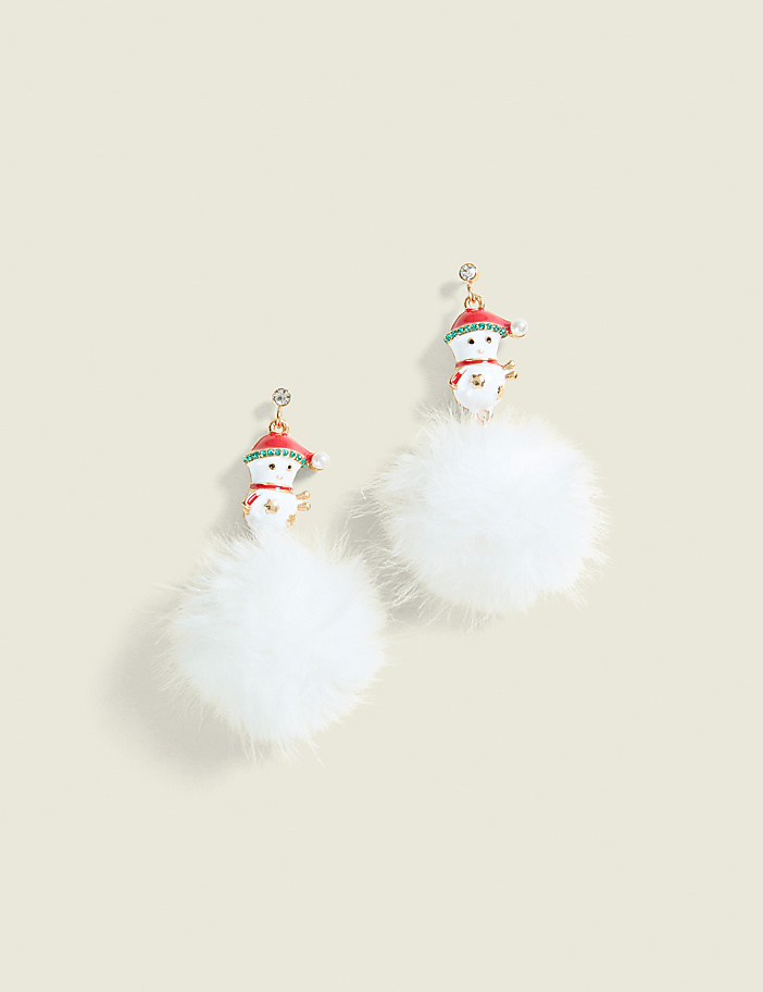 A pair of festive snowman earrings with fluffy white pom-poms hang against a plain, light background.