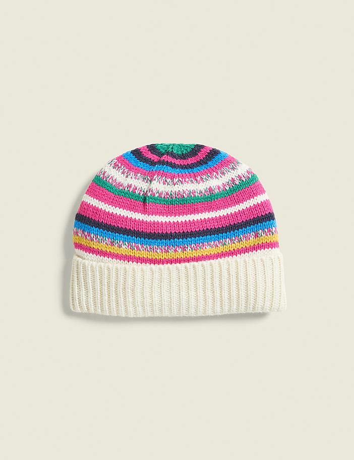 A colorful striped knit hat with a white ribbed brim rests on a plain, light-colored background.