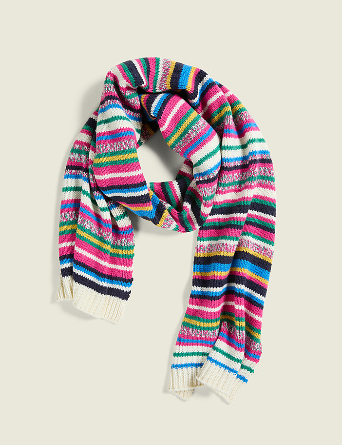 A colorful striped scarf lies folded on a plain white background.