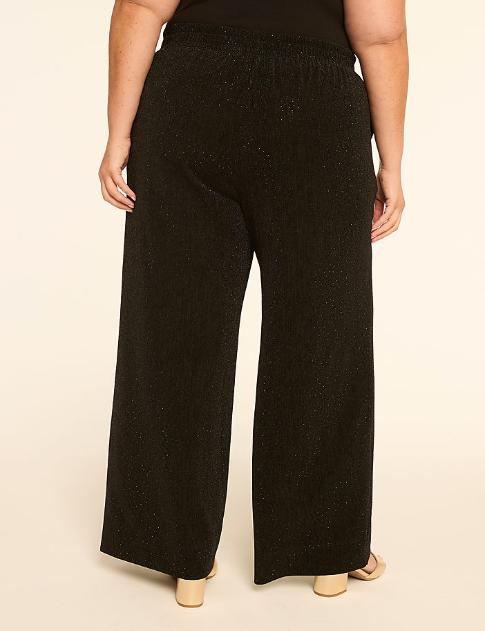 A person wearing black, wide-leg, sparkly pants stands against a plain, light-colored background.