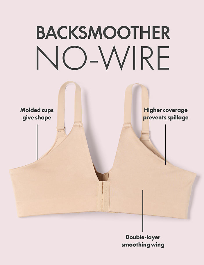A beige no-wire bra with text highlighting its features is centered against a pale pink background.