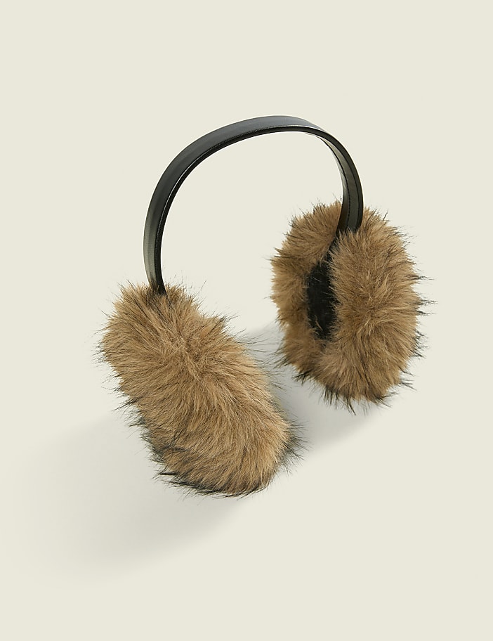 Brown faux-fur earmuffs with a black headband are centered against a plain, light-beige background.