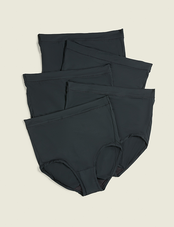 Five pairs of dark grey high-waisted panties are stacked against a plain, light beige background.
