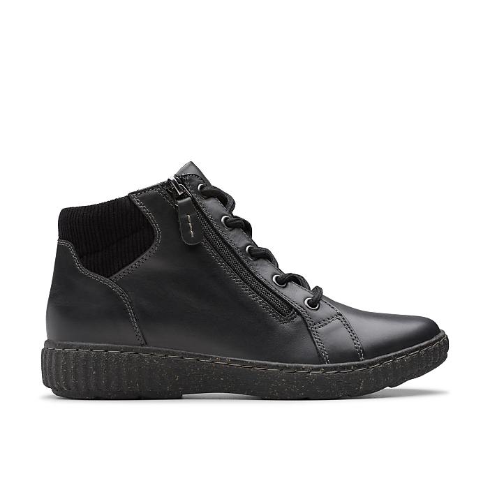 A black leather ankle boot with laces and a side zipper sits against a plain white background.
