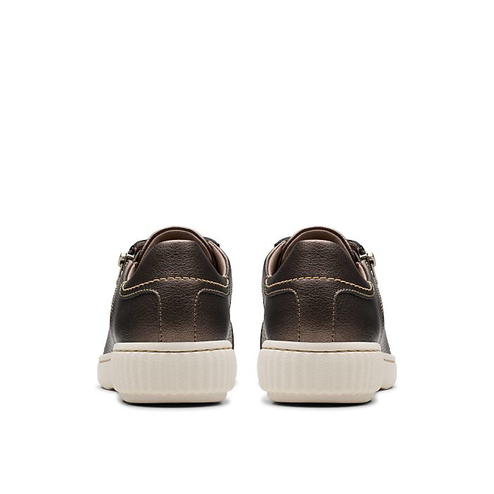 A pair of metallic brown sneakers with white soles are positioned side-by-side against a plain white background.