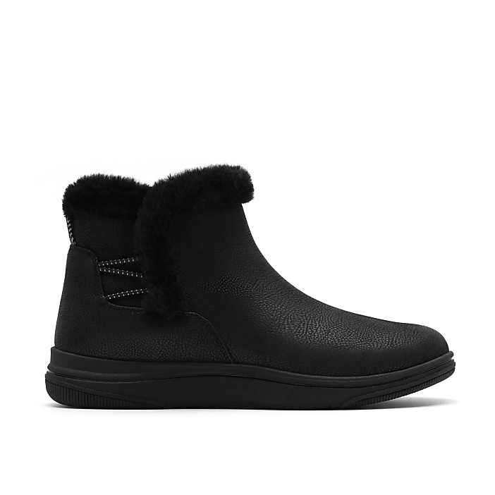 A black faux-leather ankle boot with a fluffy faux-fur collar sits against a plain white background.