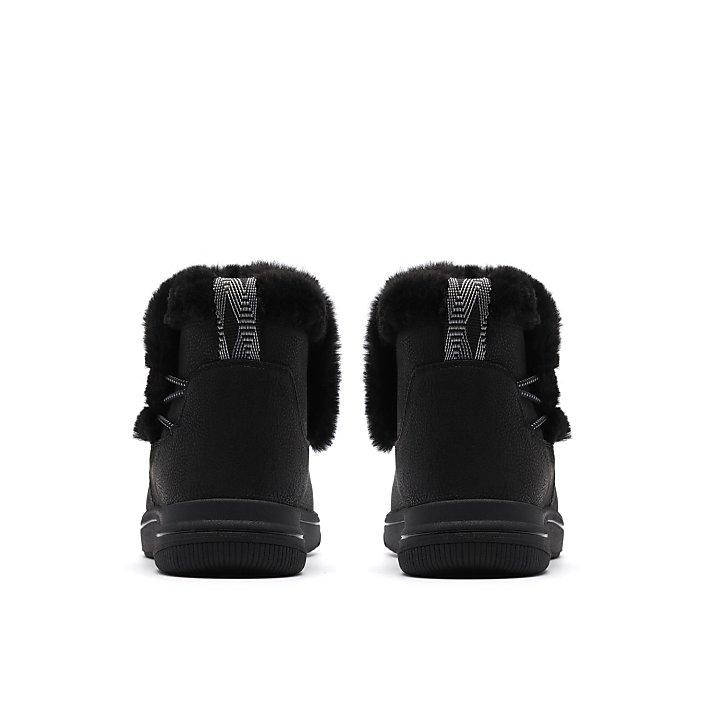A pair of black faux-fur lined boots are positioned side-by-side against a plain white background.