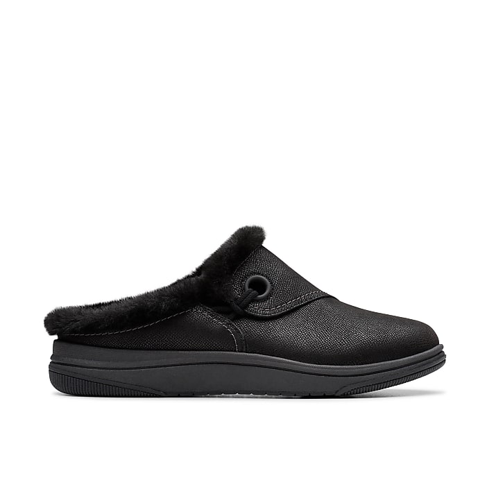 A black faux-leather slipper with a fluffy faux-fur lining is centered against a plain white background.