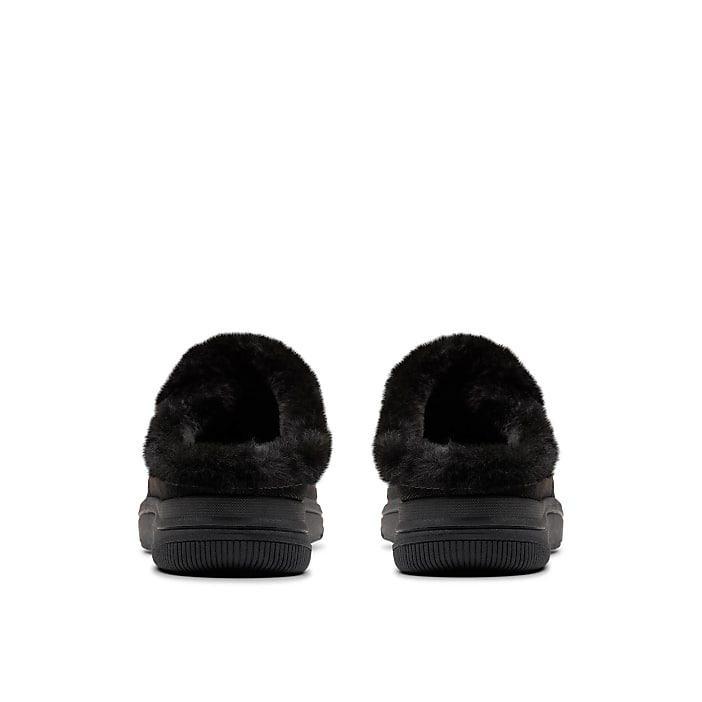 A pair of black faux-fur slippers sits centered against a plain white background.