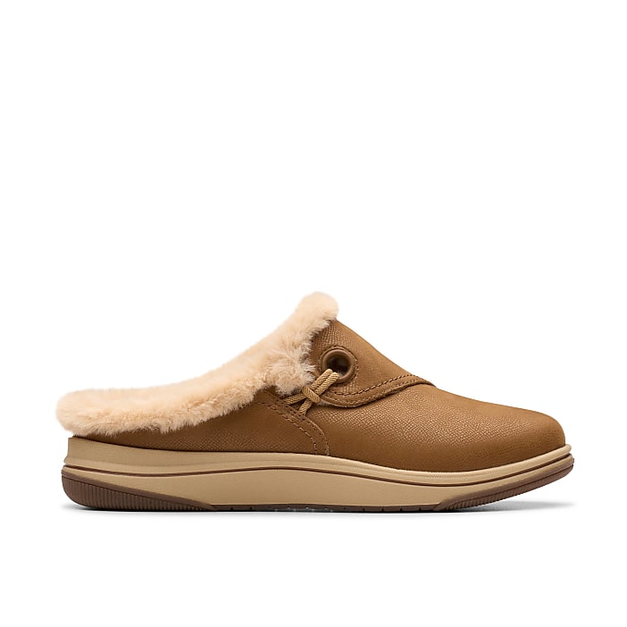 A brown faux-fur lined slipper sits centered against a plain white background.