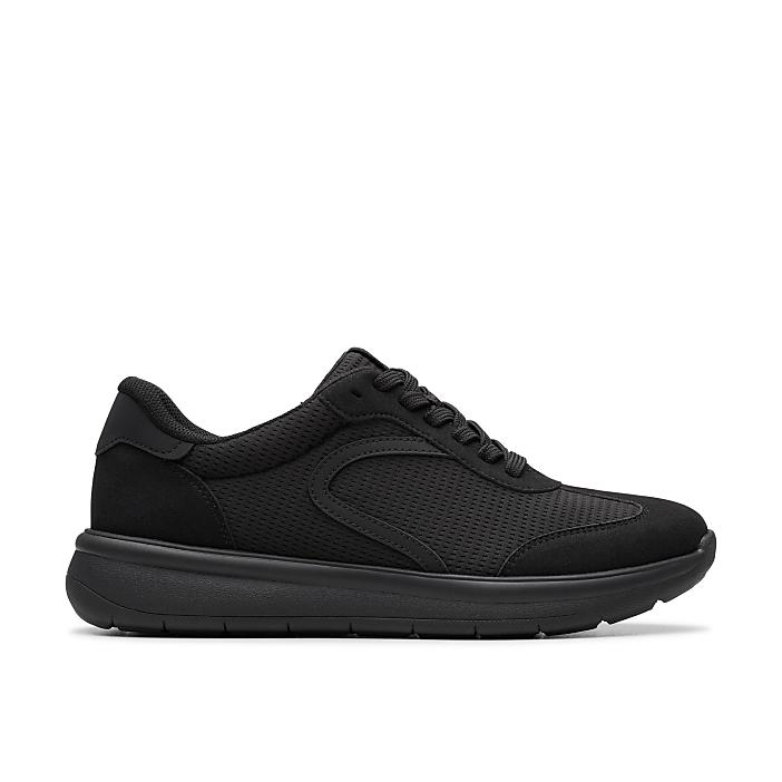A single black sneaker sits in the foreground against a plain white background.