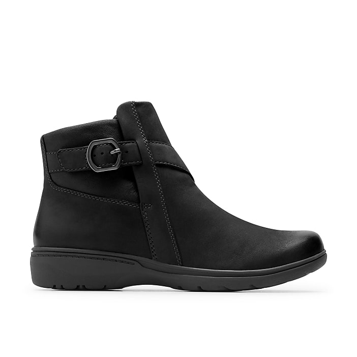 A black leather ankle boot with a buckle strap is centered against a plain white background.