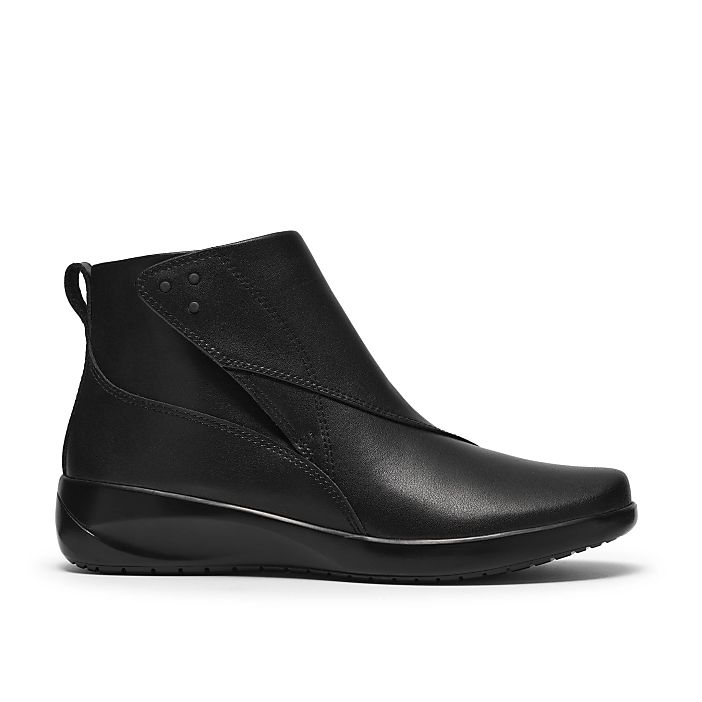A black leather ankle boot stands centered against a plain white background.
