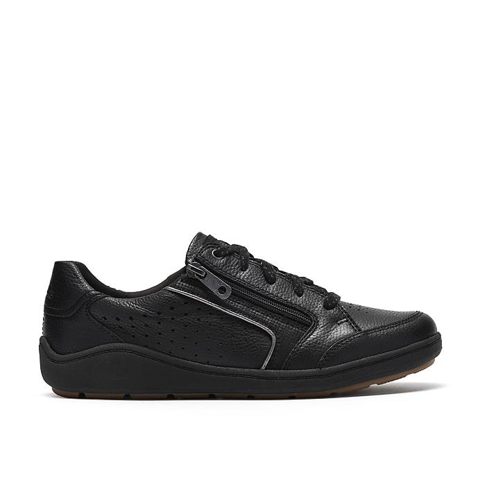 A single black leather sneaker with a side zipper sits centered against a plain white background.