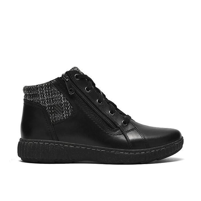 A black leather ankle boot with a textured grey fabric accent sits against a plain white background.