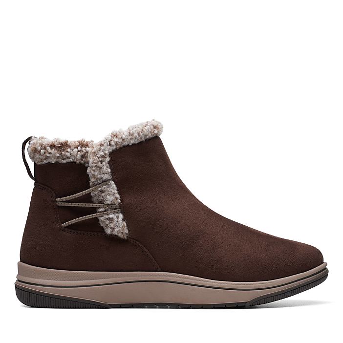 A brown faux-suede ankle boot with a fluffy faux-fur lining is centered against a plain white background.