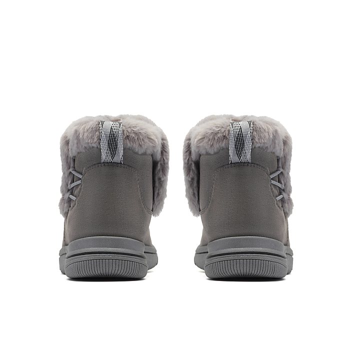 Two grey faux-fur lined boots are positioned side-by-side against a plain white background.