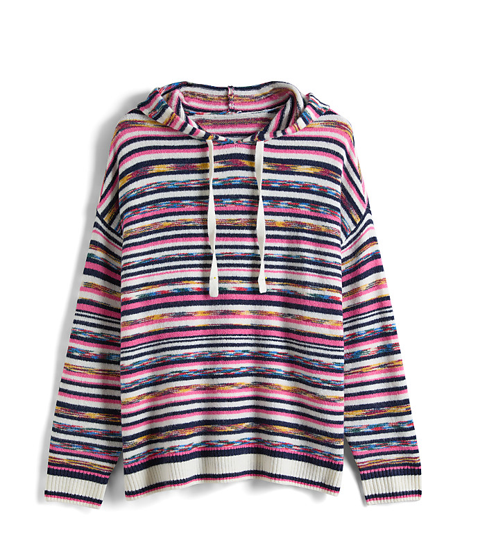 A colorful striped hoodie with white drawstrings is centered against a plain white background.
