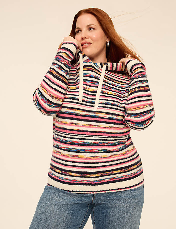 A colorful striped hoodie with white drawstrings is centered against a plain white background.