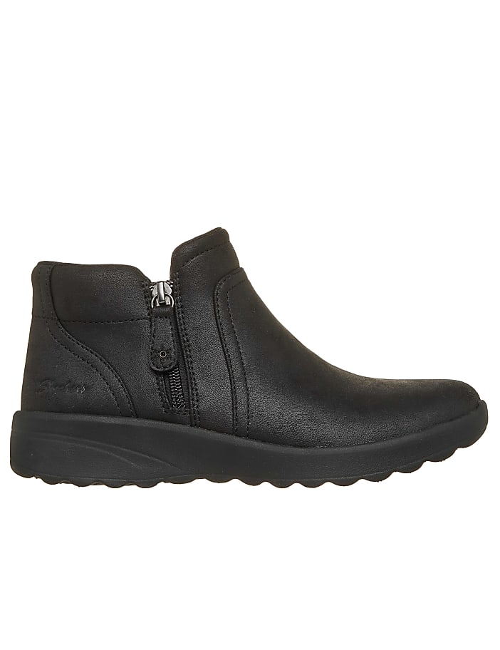 A black leather ankle boot with a side zipper sits on a black sole against a plain white background.
