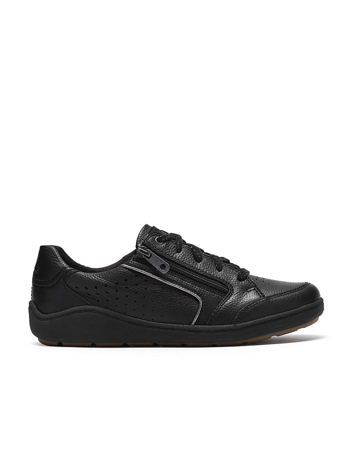 A single black leather sneaker with a side zipper sits centered against a plain white background.