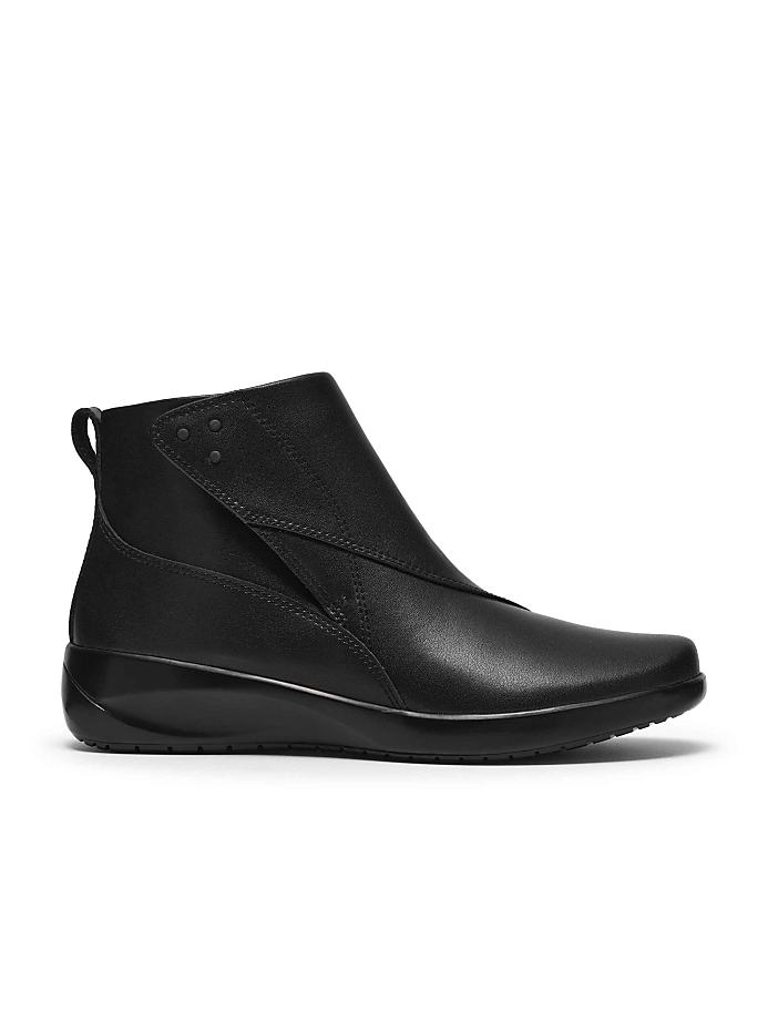 A black leather ankle boot stands centered against a plain white background.