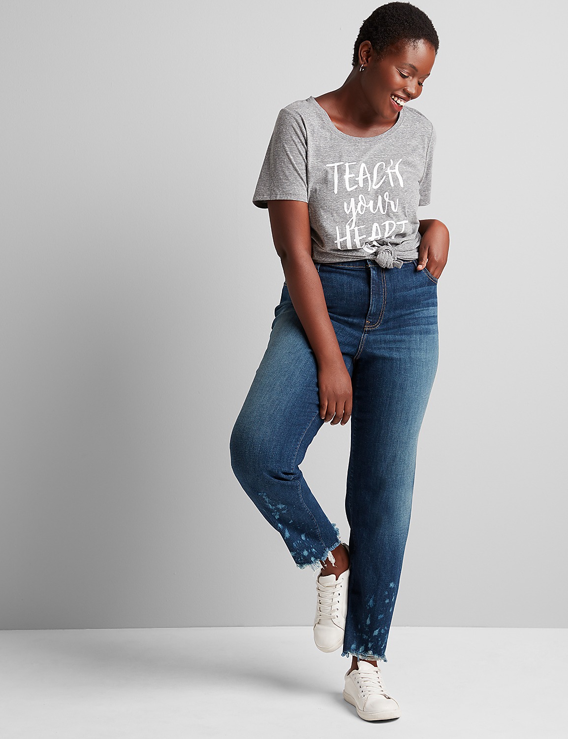 Curvy Fit High-Rise Girlfriend Straight - Bleach-Splattered Dark Wash Product Image 3