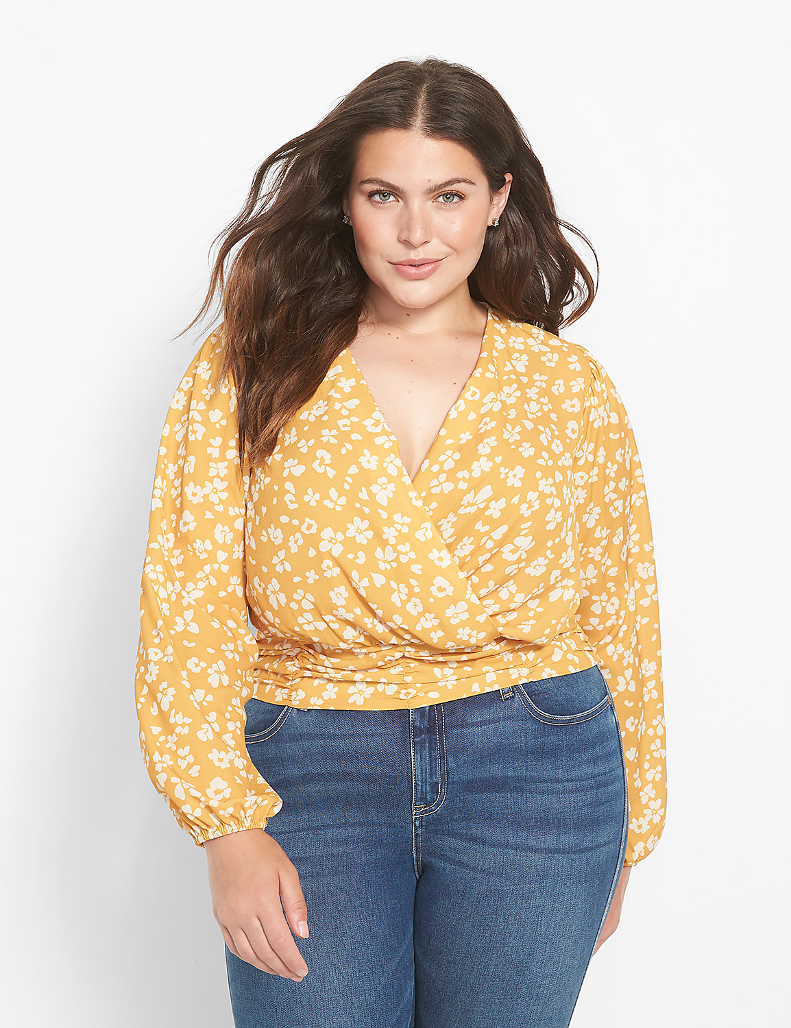 Classic Long-Sleeve Surplice-Neck Shirred-Waist Crop Blouse Product Image 1