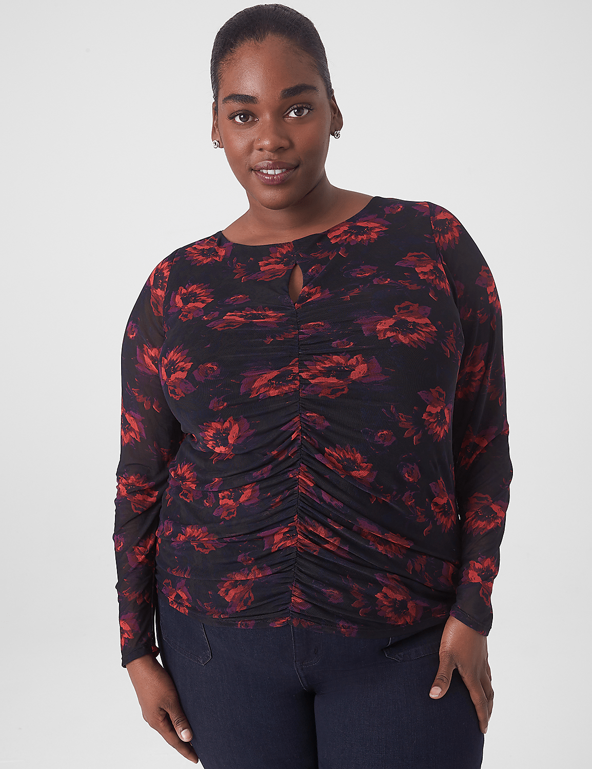 Fitted Ruched-Front Mesh Top Product Image 1
