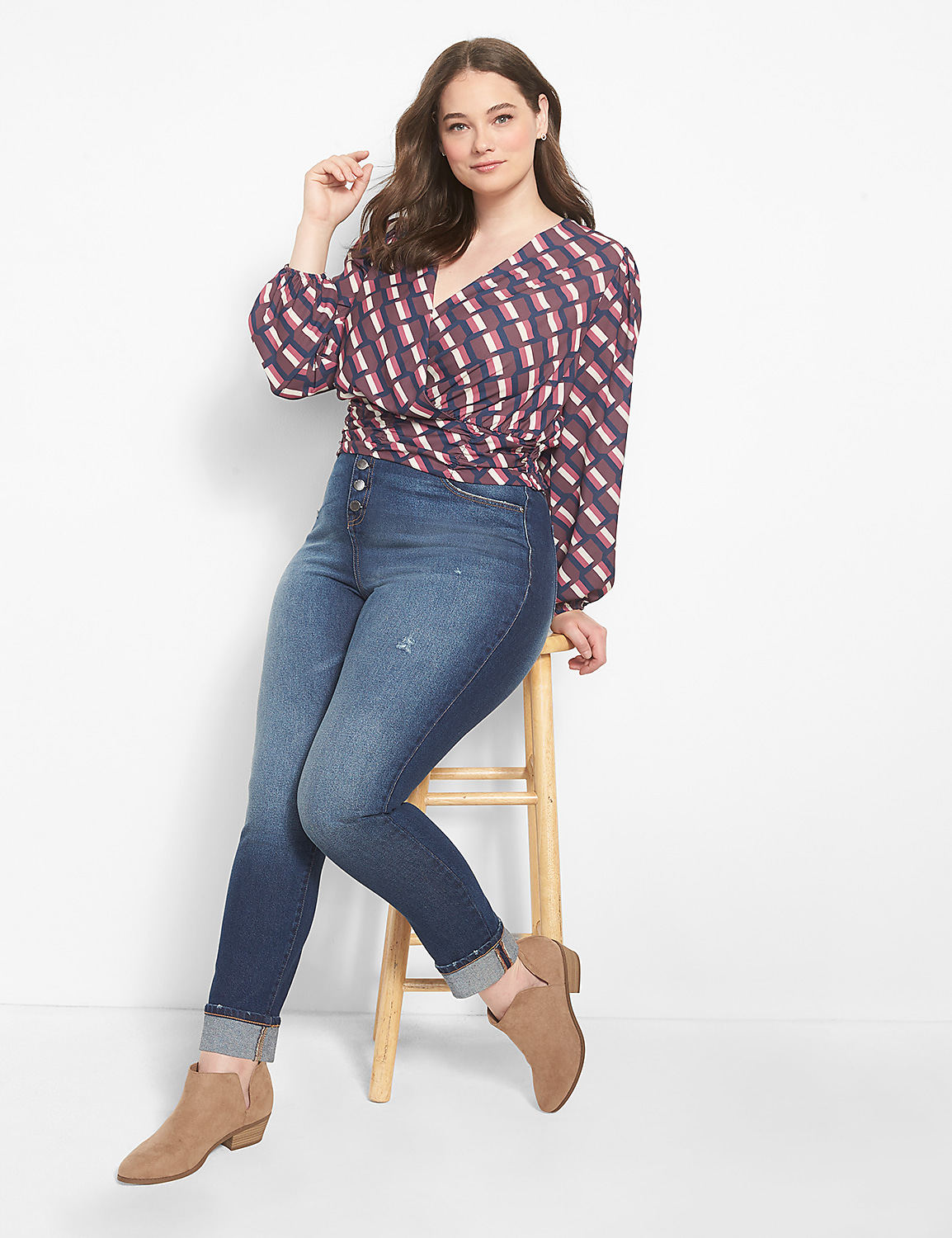 Classic Long-Sleeve Surplice-Neck Shirred-Waist Crop Blouse Product Image 3