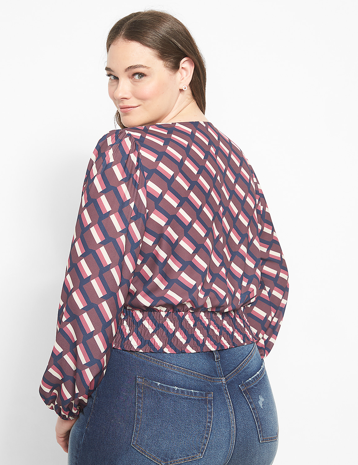 Classic Long-Sleeve Surplice-Neck Shirred-Waist Crop Blouse Product Image 2