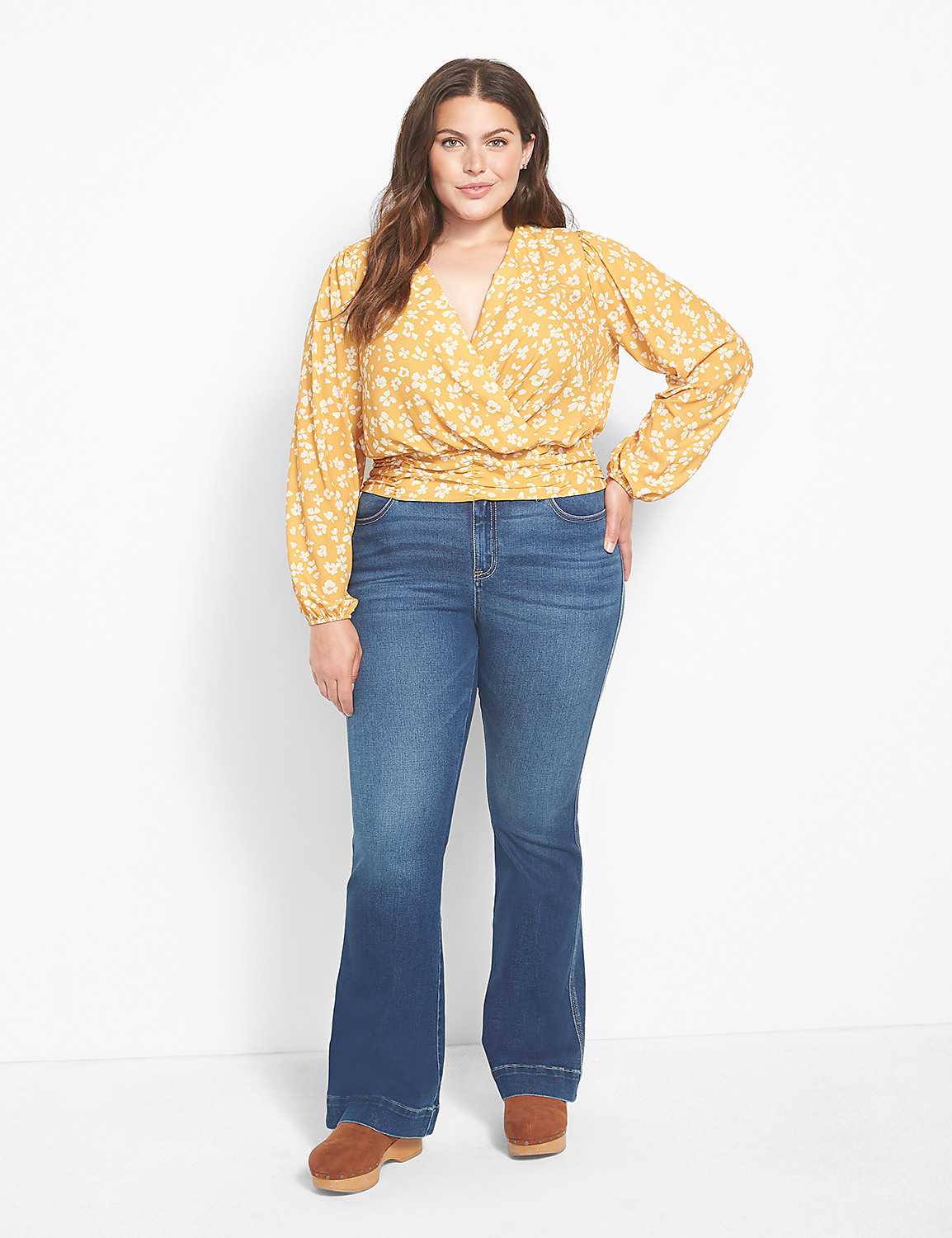 Classic Long-Sleeve Surplice-Neck Shirred-Waist Crop Blouse Product Image 3