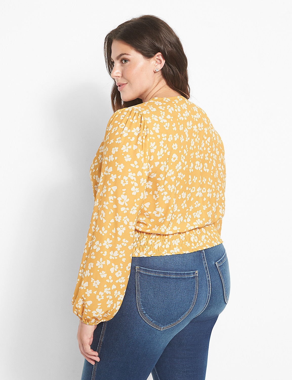 Classic Long-Sleeve Surplice-Neck Shirred-Waist Crop Blouse Product Image 2