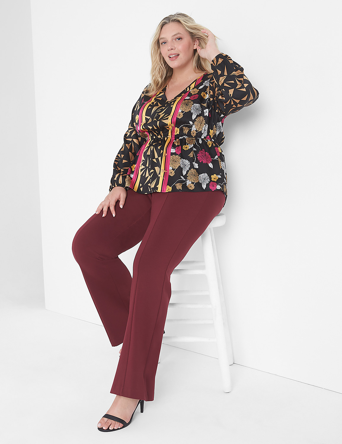Classic Long-Sleeve V-Neck Peplum Blouse Product Image 3