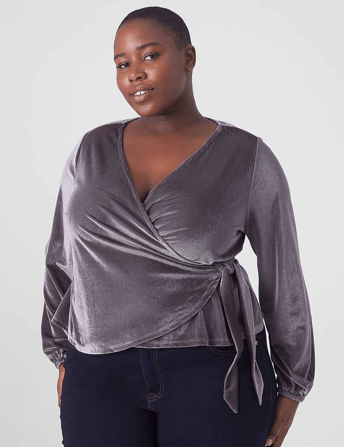 Classic Blouson-Sleeve Surplice Tie Velour Top Product Image 3