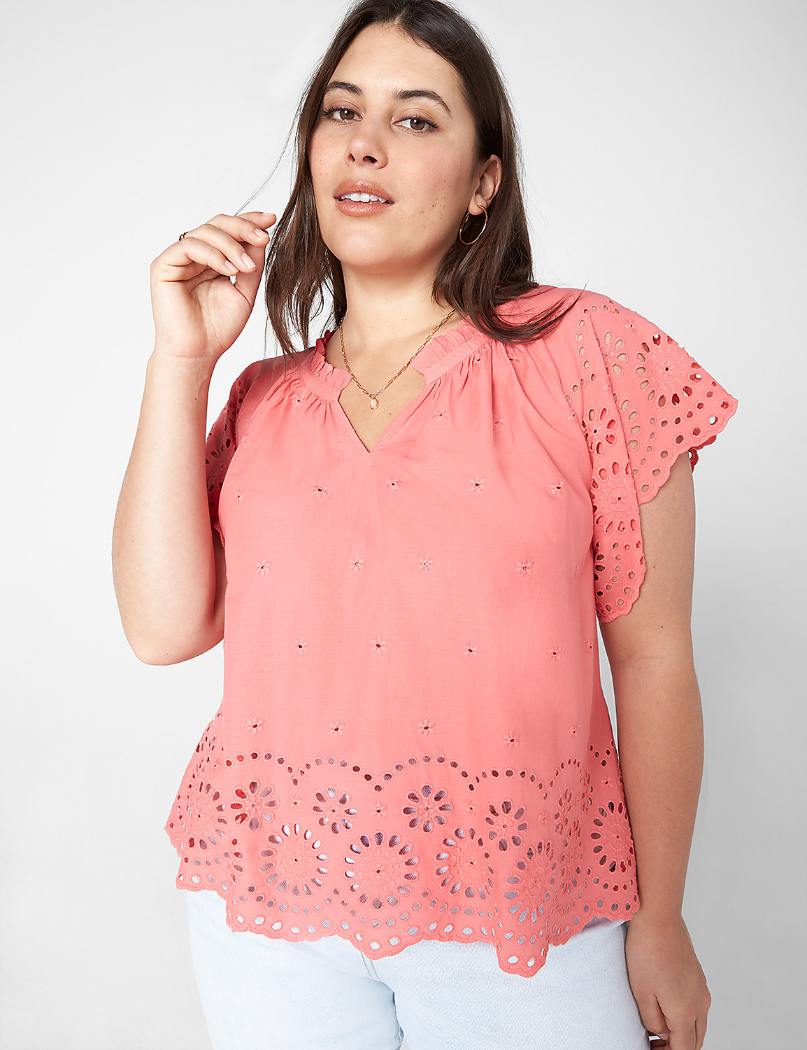 Crop Scallop-Hem Ruffle-Neck Top Product Image 1