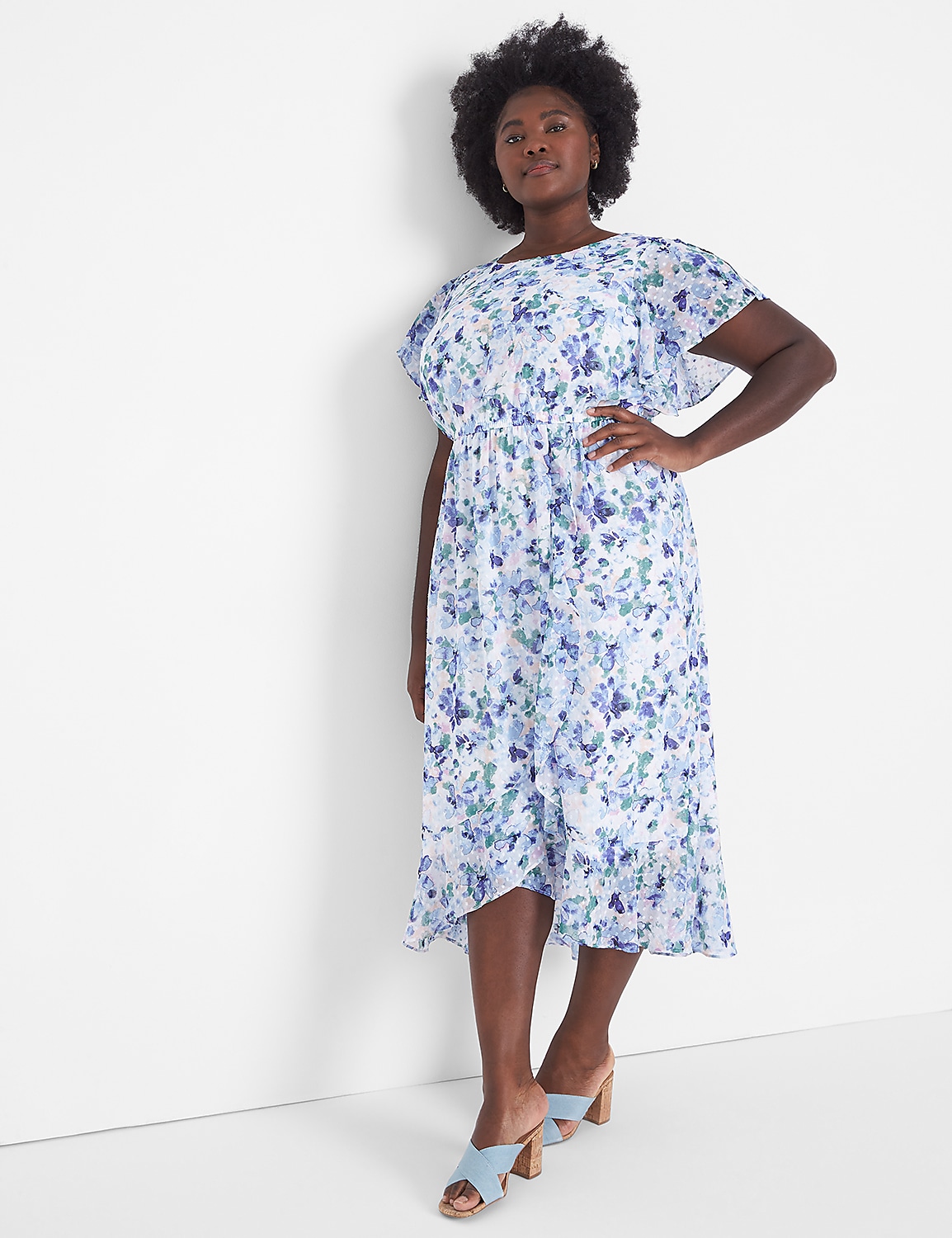 clip dot flutter sleeve midi dress Split Flutter-Sleeve Clip Dot Midi Dress