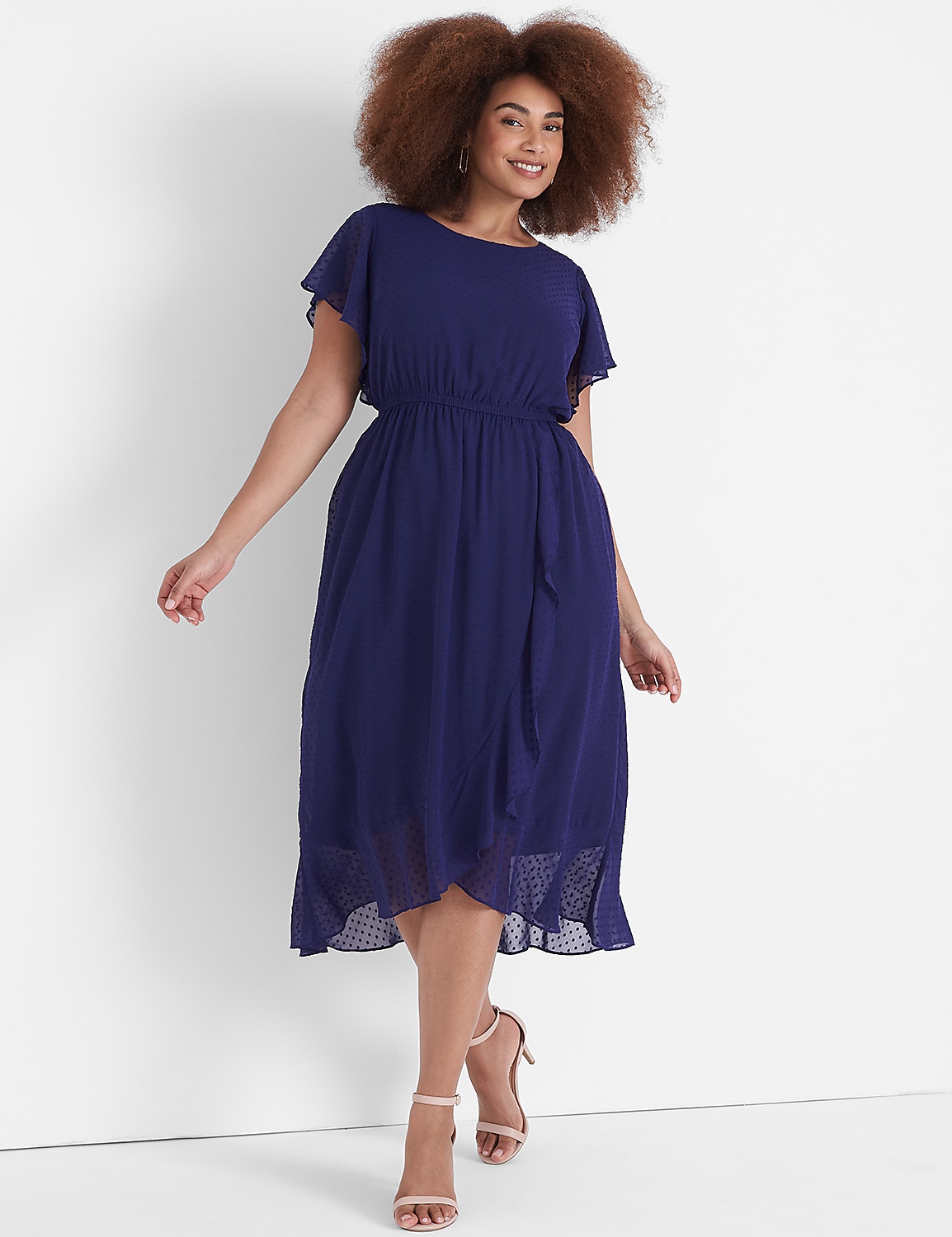 Split Flutter-Sleeve Clip Dot Midi Dress Product Image 1
