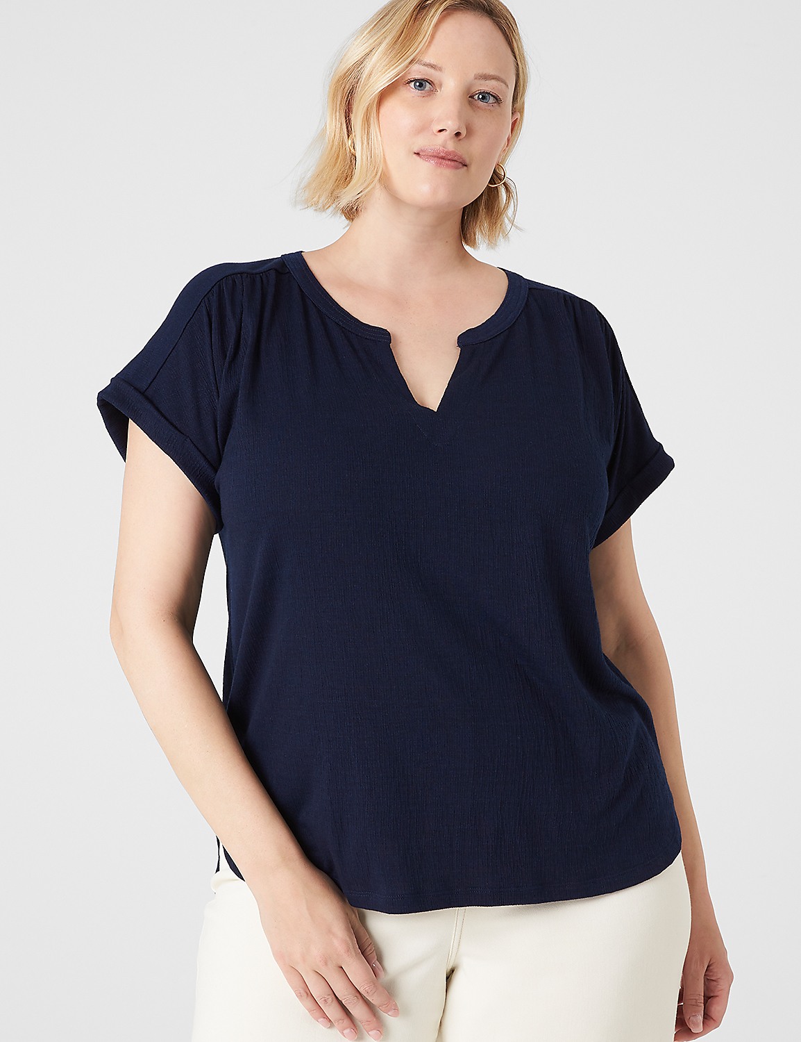 Relaxed Cap-Sleeve Notch-Neck Texture Knit Top - thumbnail 5