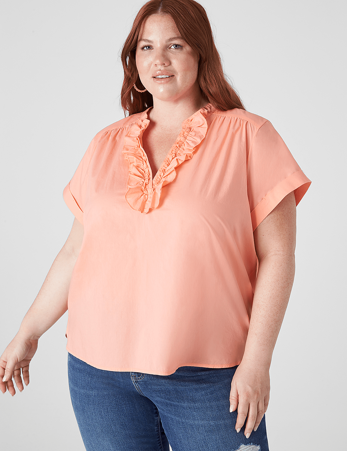Relaxed Ruffle Notch-Neck Woven-Front Top - thumbnail 4