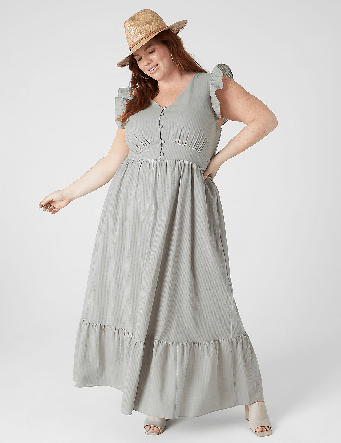 Flutter-Sleeve Button-Front Maxi Dress Product Image 1