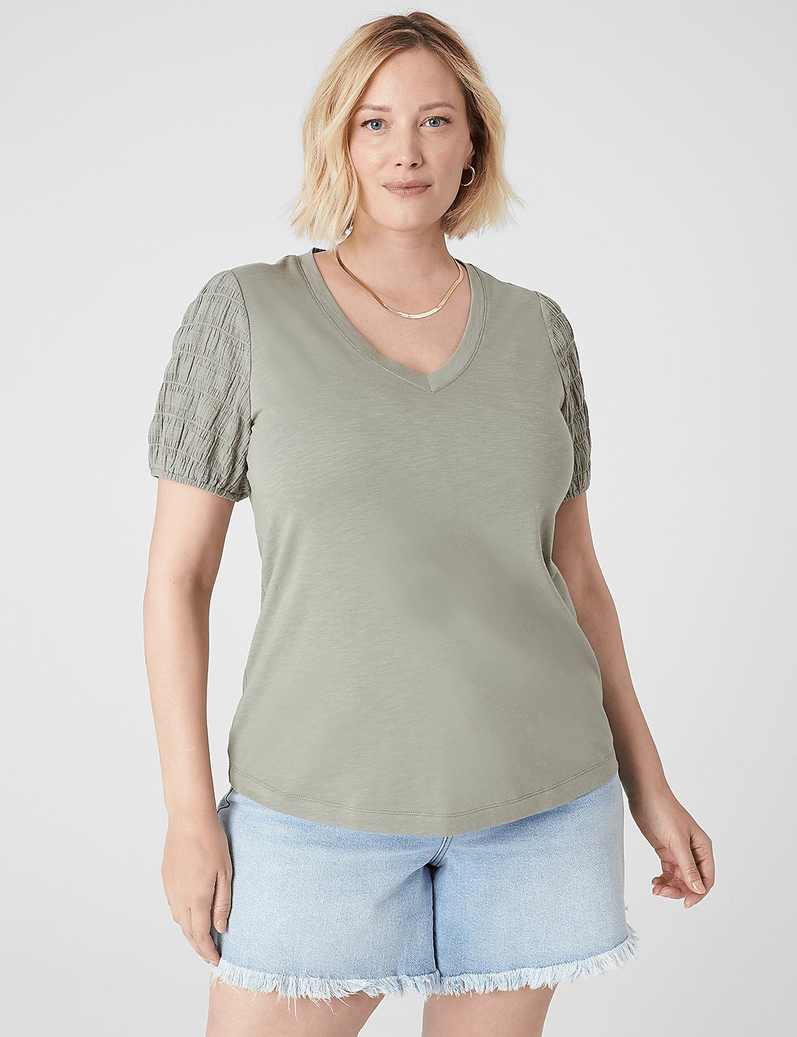 Blouson Woven-Sleeve V-Neck Tee - thumbnail 4