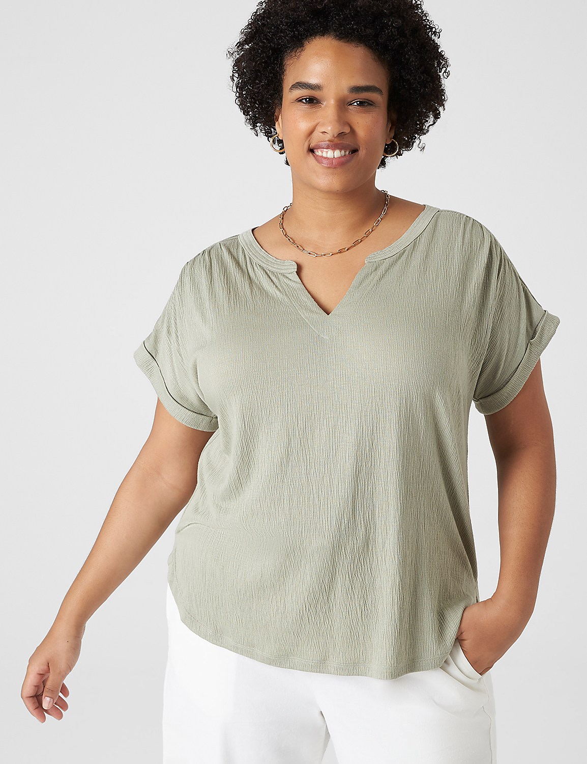 Relaxed Cap-Sleeve Notch-Neck Texture Knit Top - thumbnail 8