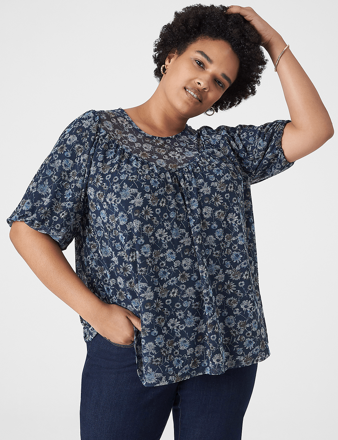 Swing Puff-Sleeve Crew-Neck Mesh Top Product Image 1