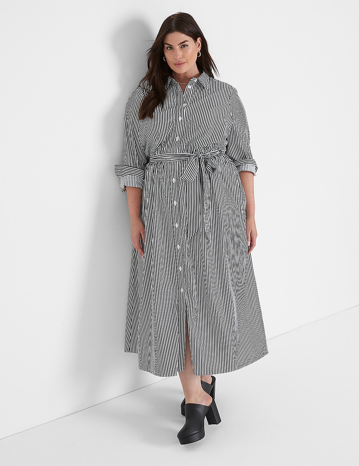 Long-Sleeve Striped Shirt Dress Product Image 1