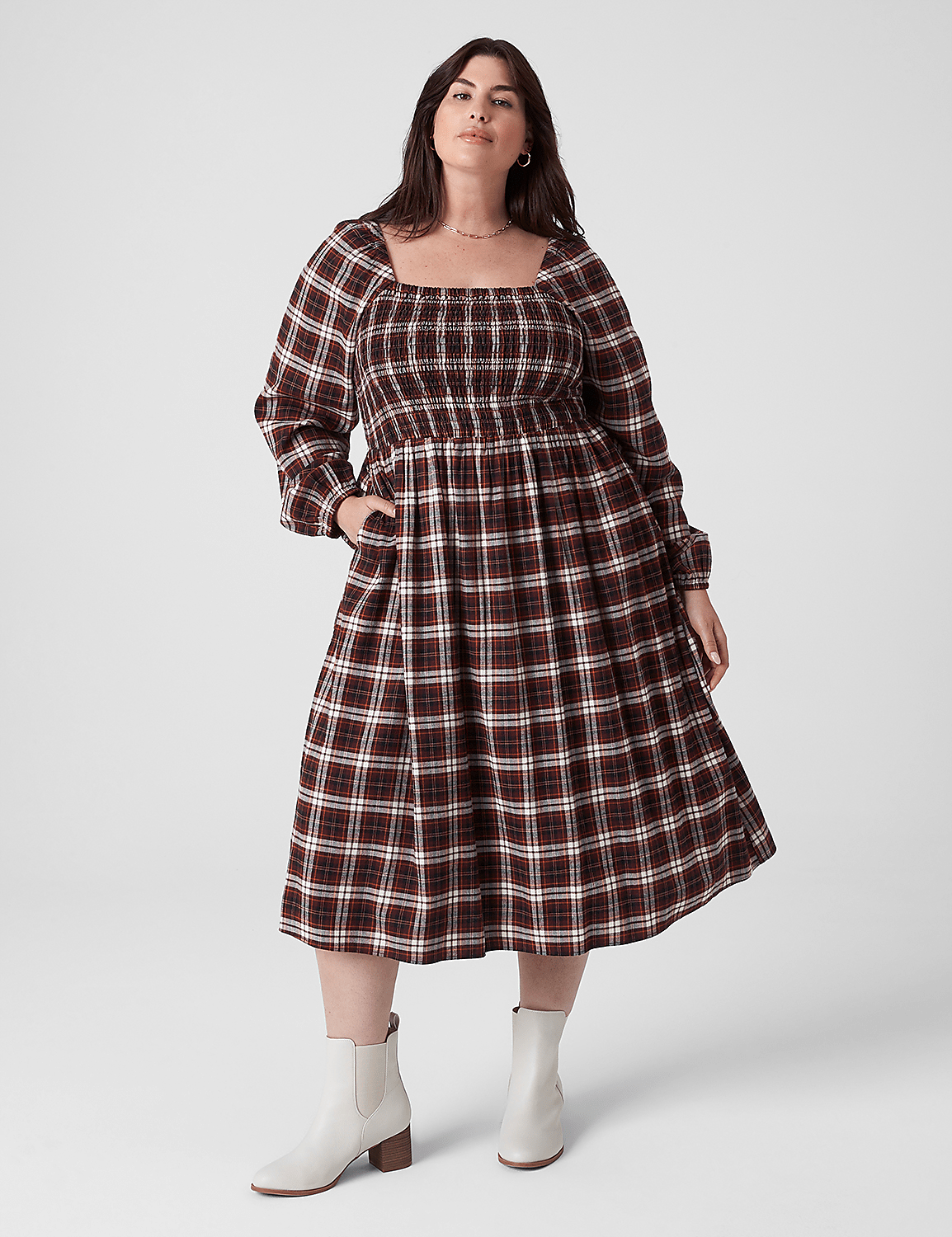 Square-Neck Smocked Plaid Midi Dress Product Image 1