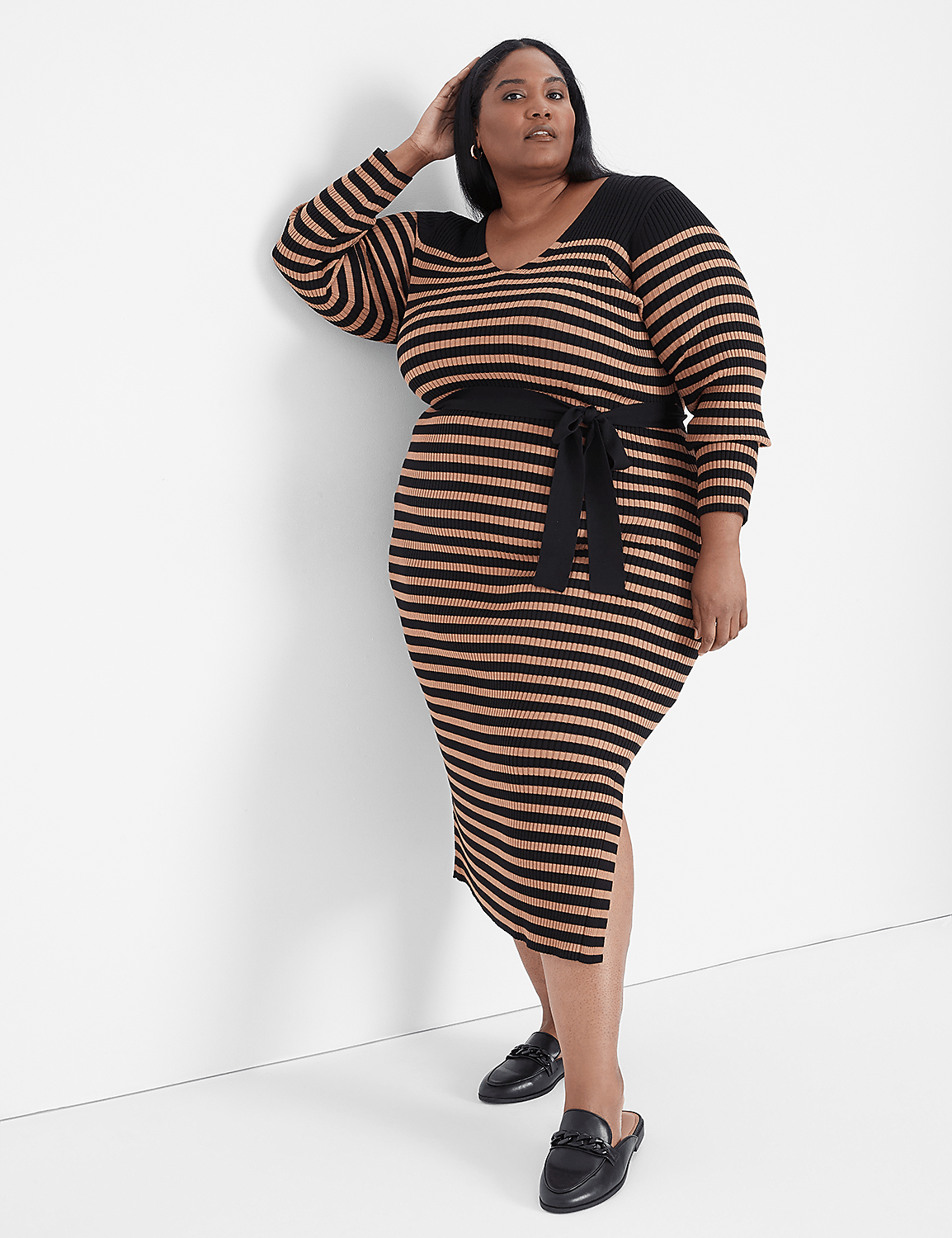 Long-Sleeve V-Neck Stripe Rib Sweater Midi Dress Product Image 1