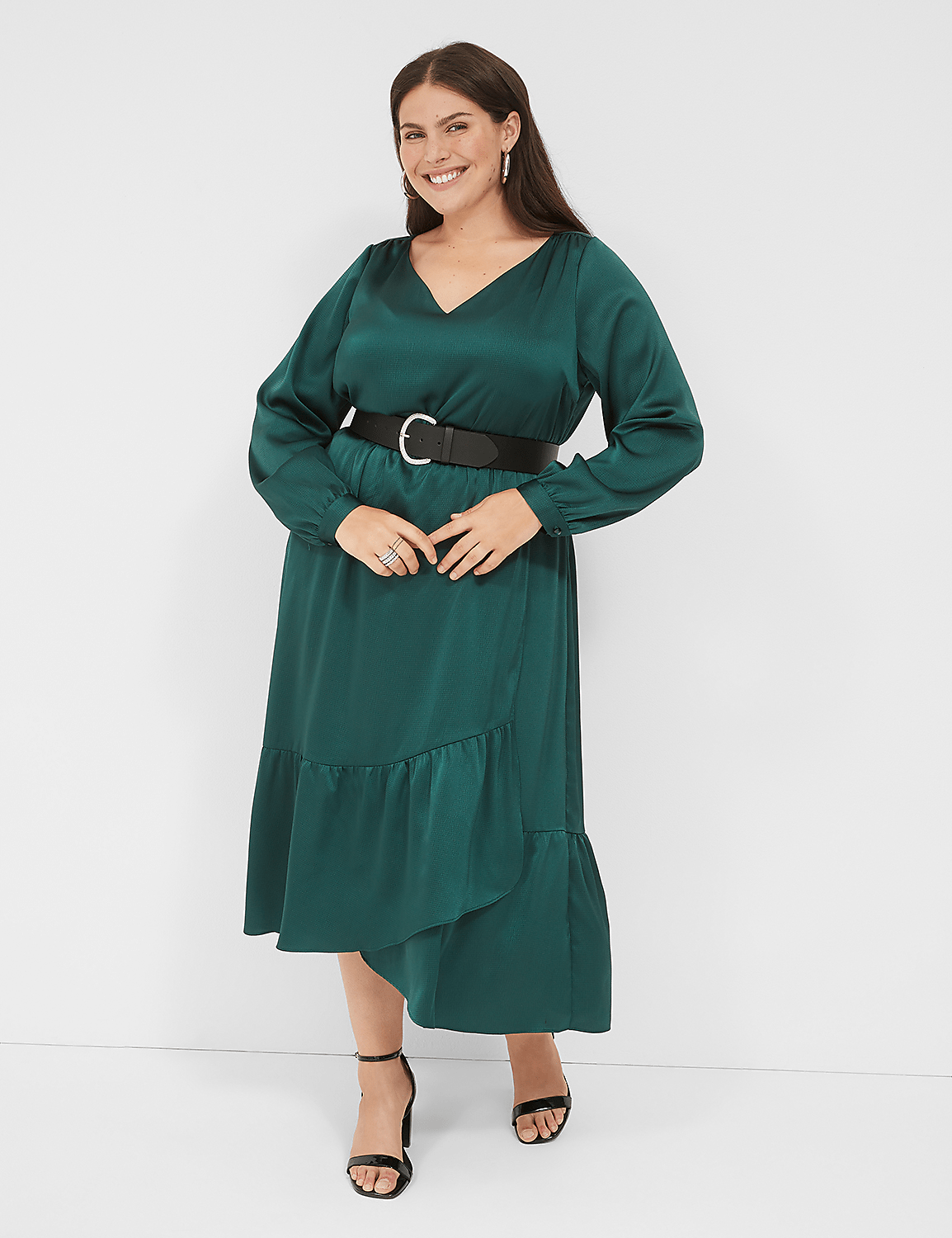 Textured Satin Long-Sleeve Wrap-Skirt Midi Dress Product Image 1