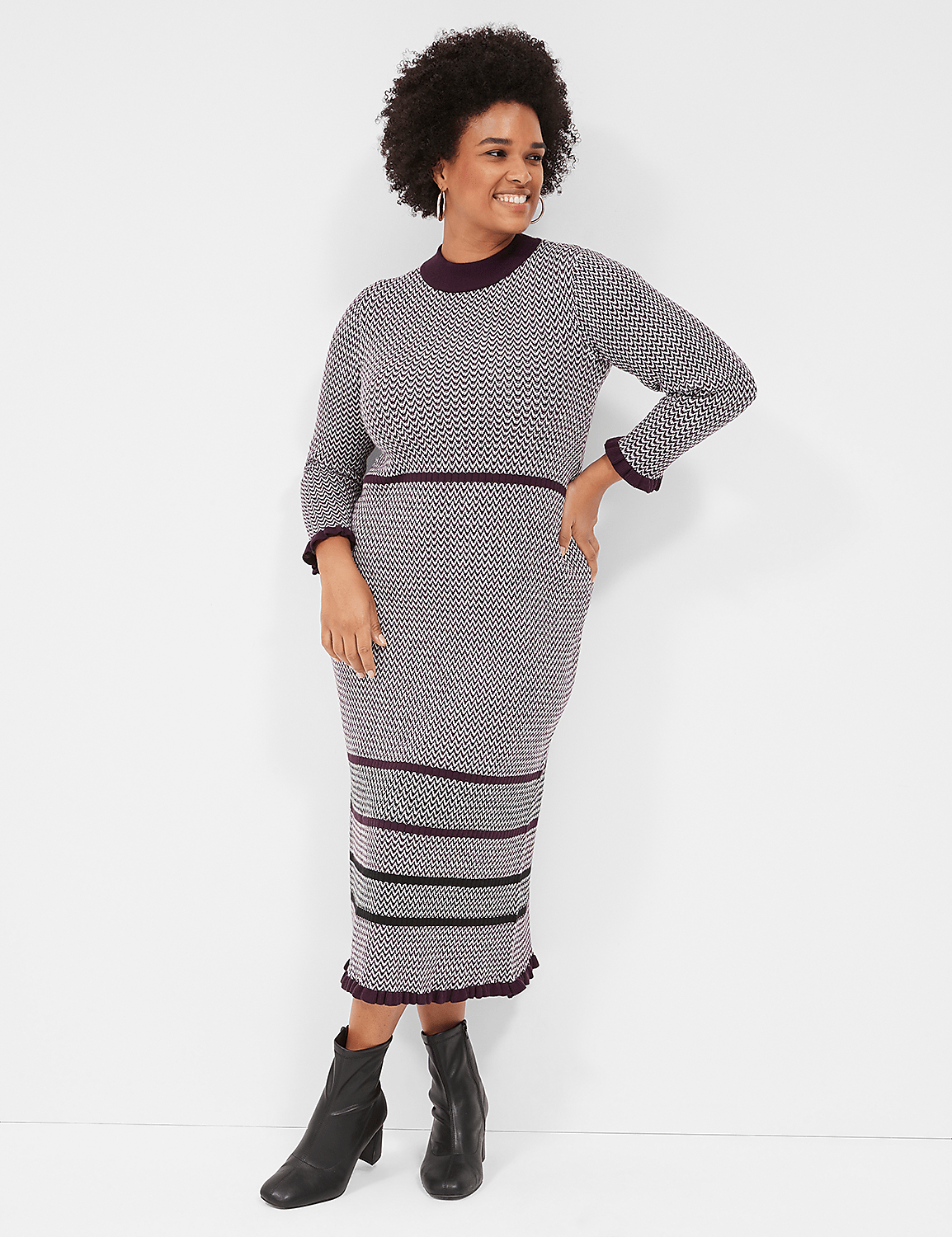 3/4-Sleeve Mock-Neck Stripe Detail Sweater Midi Dress Product Image 1